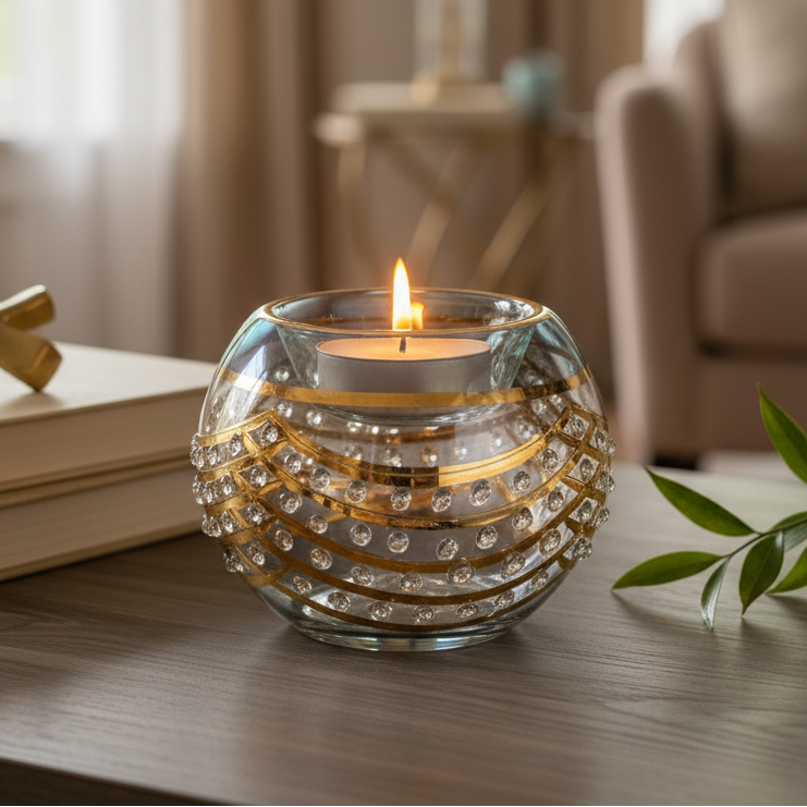 Candle in a decorative glass holder on a table with a blurred background