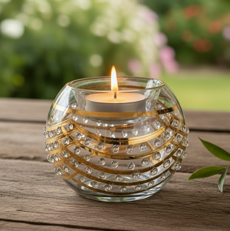 Decorative glass candle holder with a lit candle on a wooden surface outdoors.