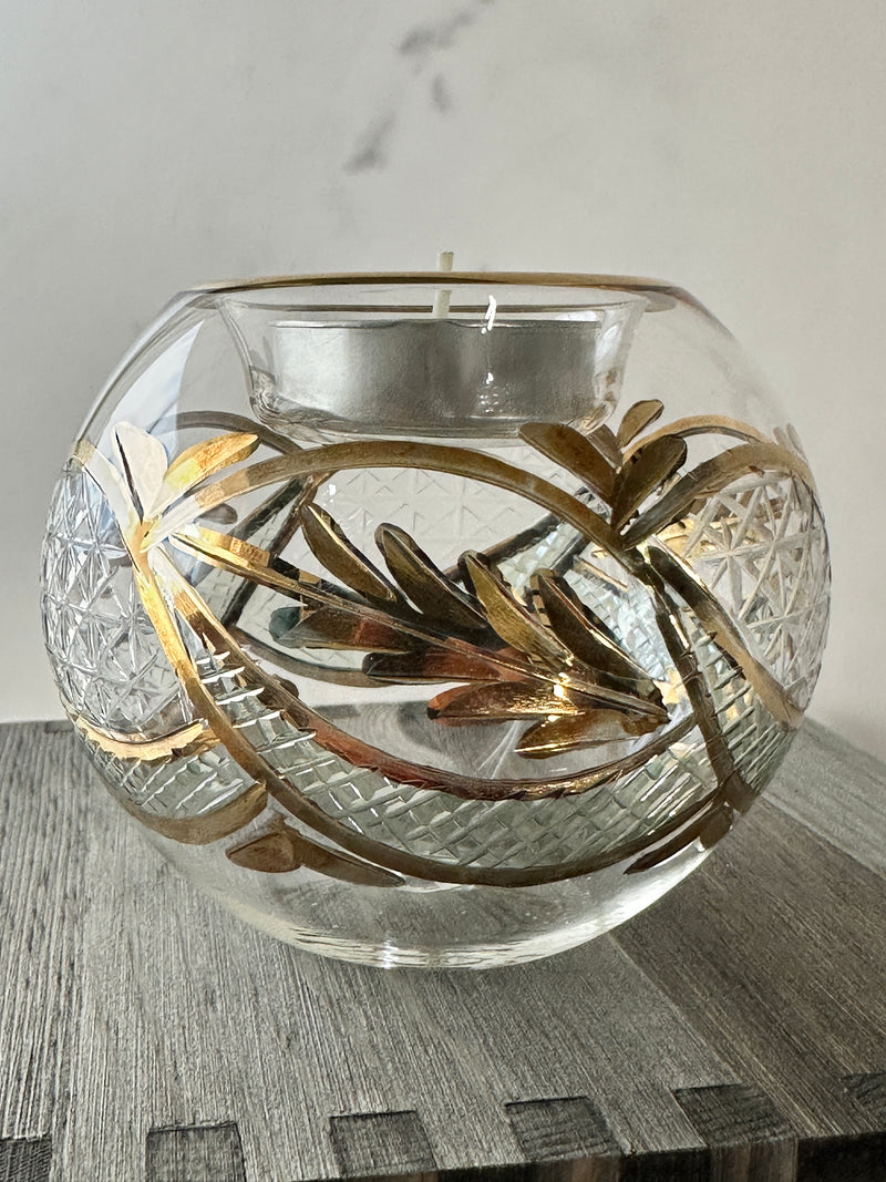 Egyptian Hand Blown Glass Tea Light Holder - Clear & Green Etched Glass