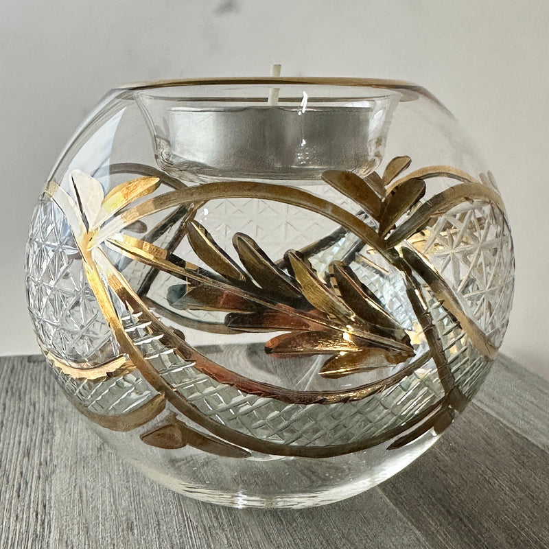 Egyptian Hand Blown Glass Tea Light Holder - Clear & Green Etched Glass