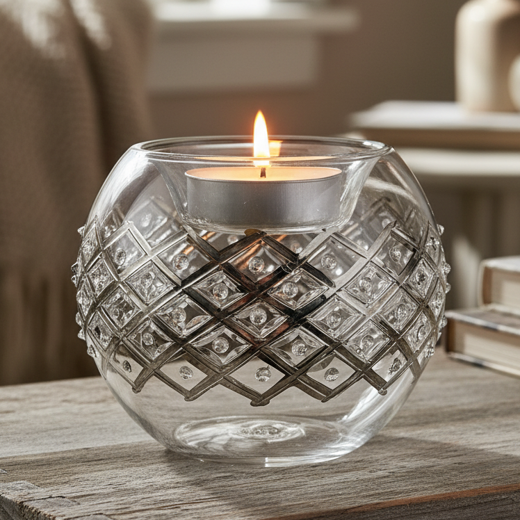 Egyptian Hand Blown Glass Tea Light Holder - Sliver