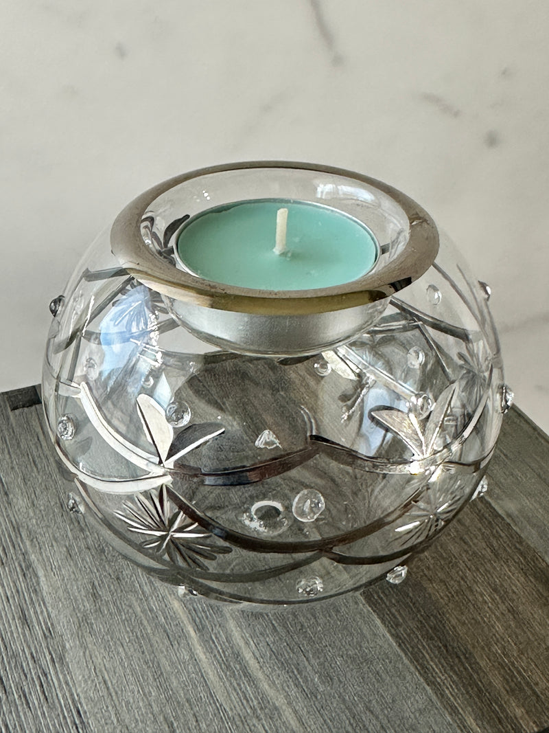 Egyptian Hand Blown Glass Tea Light Holder - Clear Glass-Silver Design