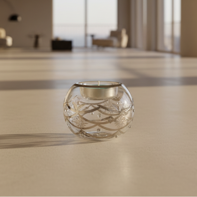 Egyptian Hand Blown Glass Tea Light Holder - Clear Glass-Silver Design