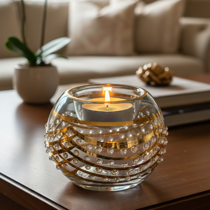 Decorative glass candle holder with a lit candle on a wooden table in a living room setting.