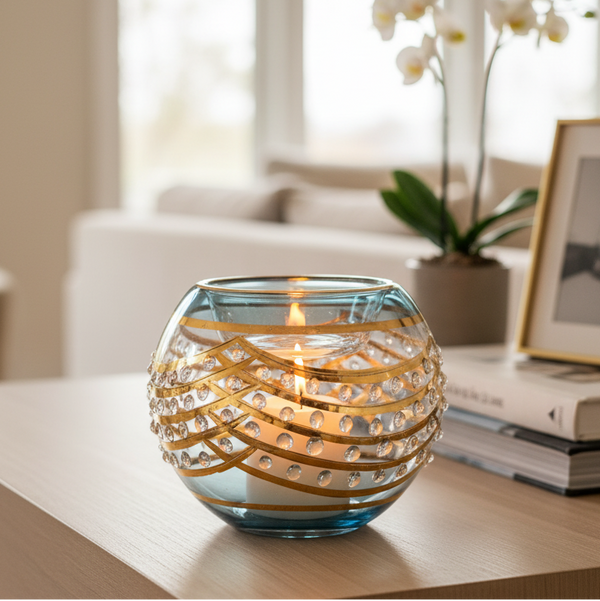 Decorative candle holder with gold ribbons on a table in a bright room.