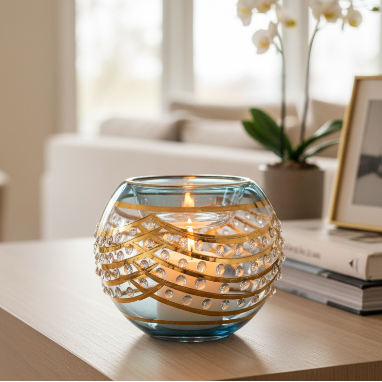 Decorative candle holder with gold ribbons on a table in a bright room.