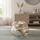 Egyptian Hand Blown Glass Tea Light Holder - Clear & Green Etched Glass