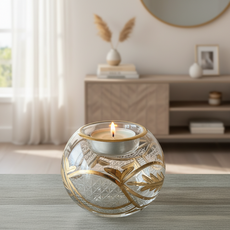 Egyptian Hand Blown Glass Tea Light Holder - Clear & Green Etched Glass