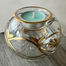 Egyptian Hand Blown Glass Tea Light Holder - Clear & Green Etched Glass