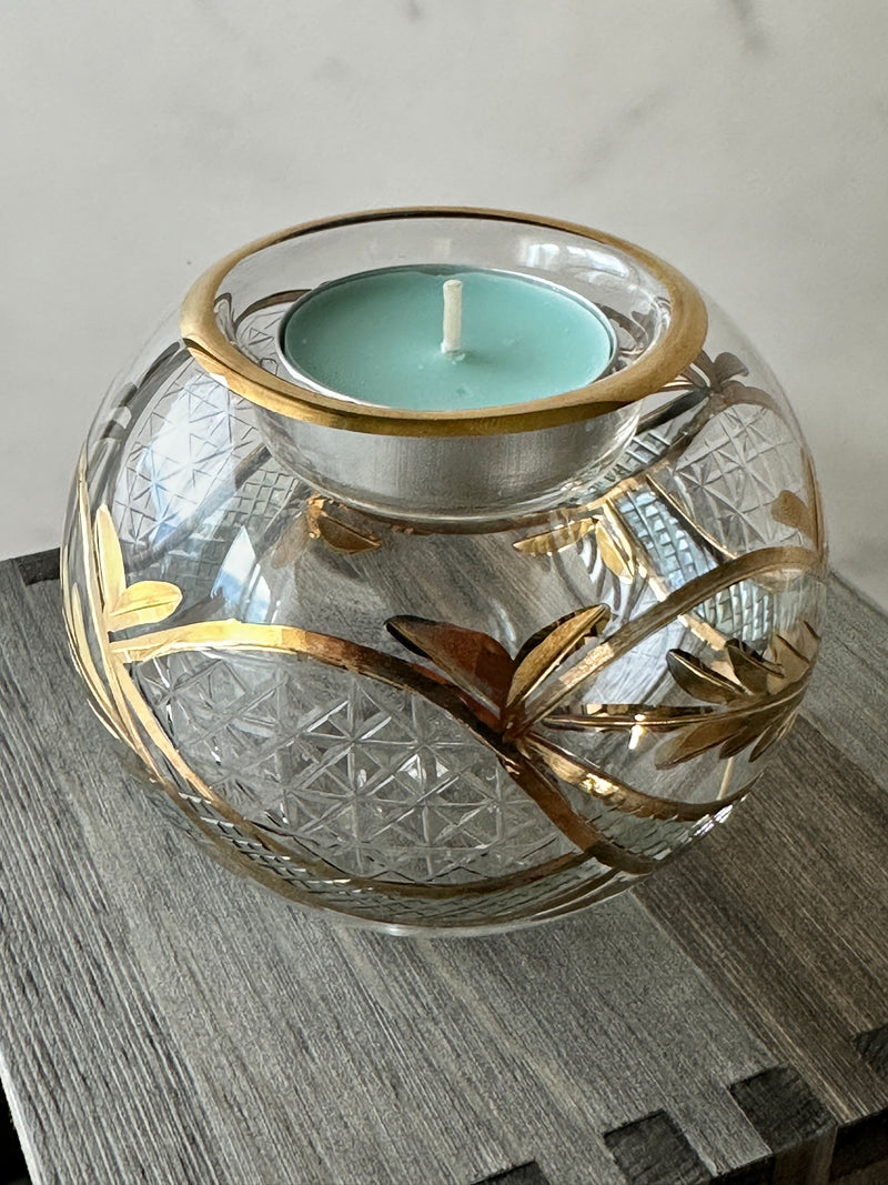 Egyptian Hand Blown Glass Tea Light Holder - Clear & Green Etched Glass