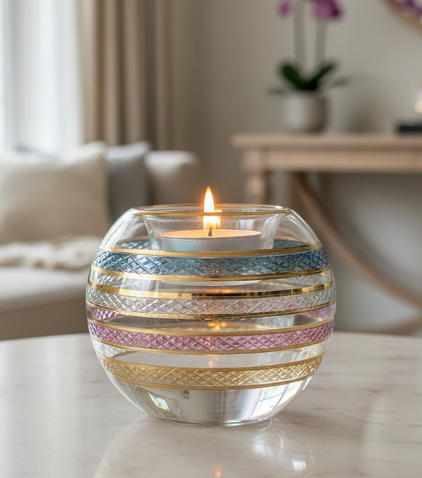Decorative candle holder with a lit candle on a table in a living room setting.