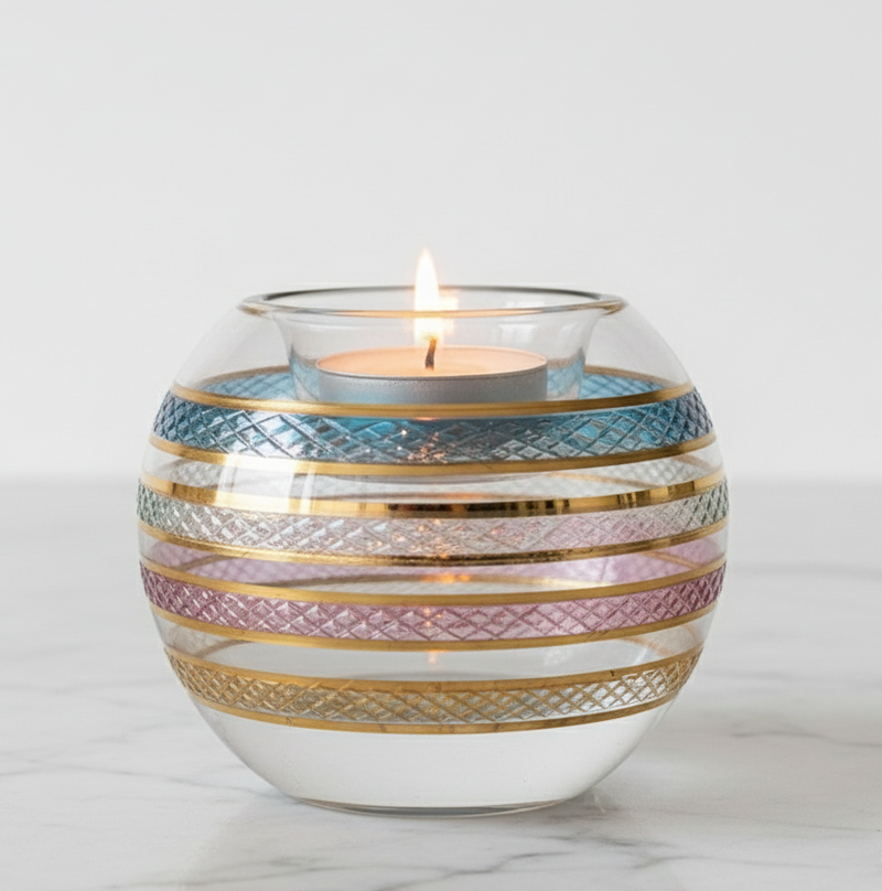 Egyptian Hand Blown Glass Tea Light Holder - Multi-Color Stripe
