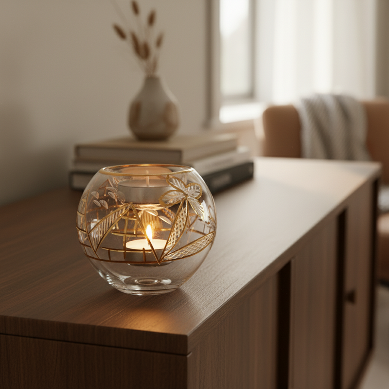 Decorative glass candle holder with a lit candle on a wooden surface, with books and a vase in the background.