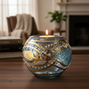 Decorative candle holder with a lit candle on a wooden surface in a cozy living room.