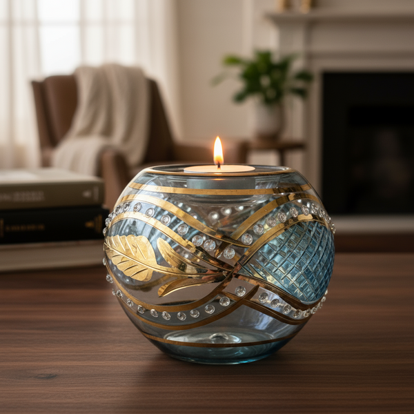 Decorative candle holder with a lit candle on a wooden surface in a cozy living room.
