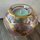 Egyptian Hand Blown Glass Tea Light Holder - Pink Glass-Gold Leave Design