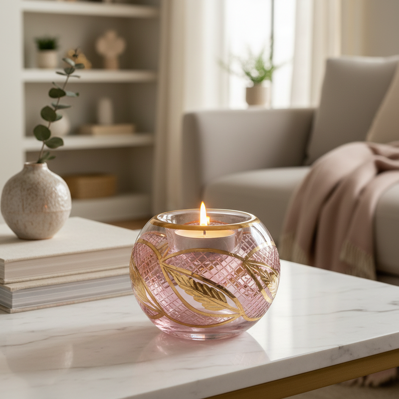 Egyptian Hand Blown Glass Tea Light Holder - Pink Glass-Gold Leave Design