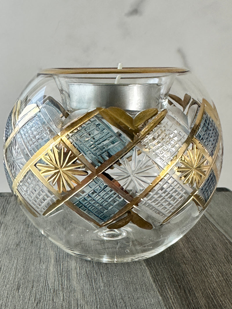 Egyptian Hand Blown Glass Tea Light Holder - Blue & Clear Glass