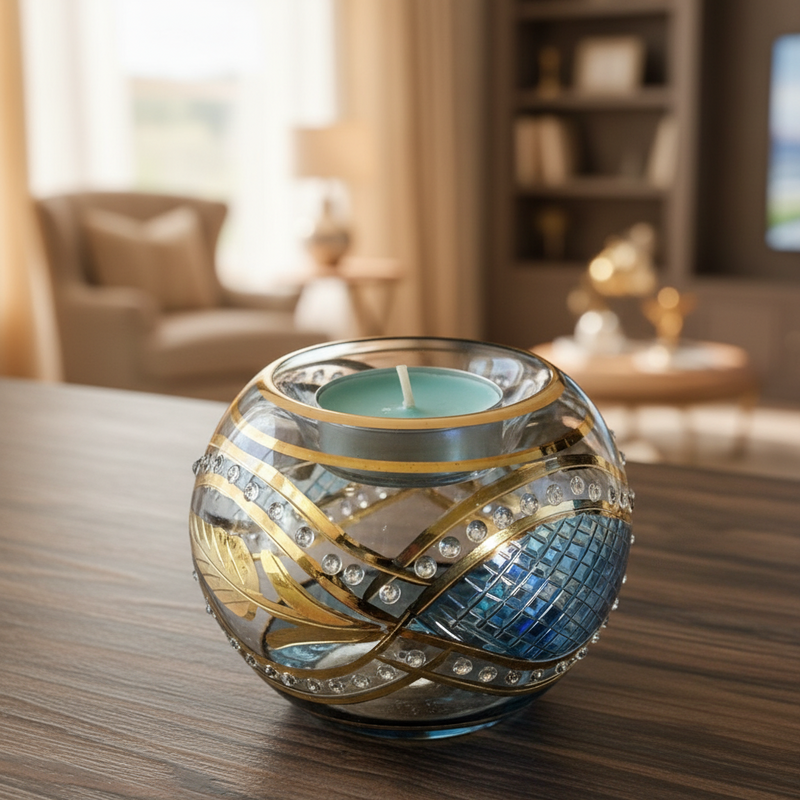 Egyptian Hand Blown Glass Tea Light Holder - Lite Blue