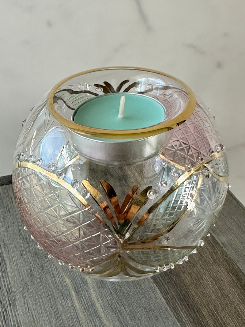 Egyptian Hand Blown Glass Tea Light Holder - Pink & Green Glass