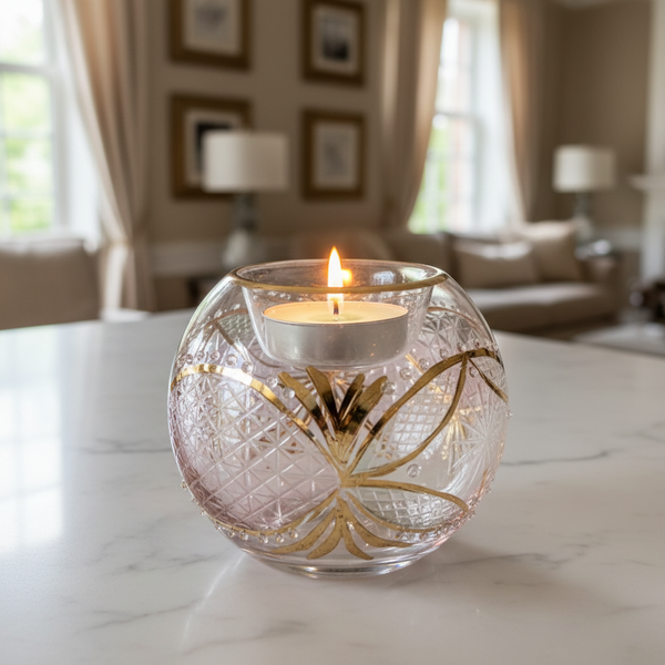 Decorative glass candle holder with a lit candle on a marble surface in a living room setting.