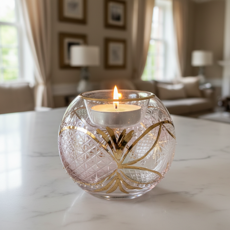 Decorative glass candle holder with a lit candle on a marble surface in a living room setting.