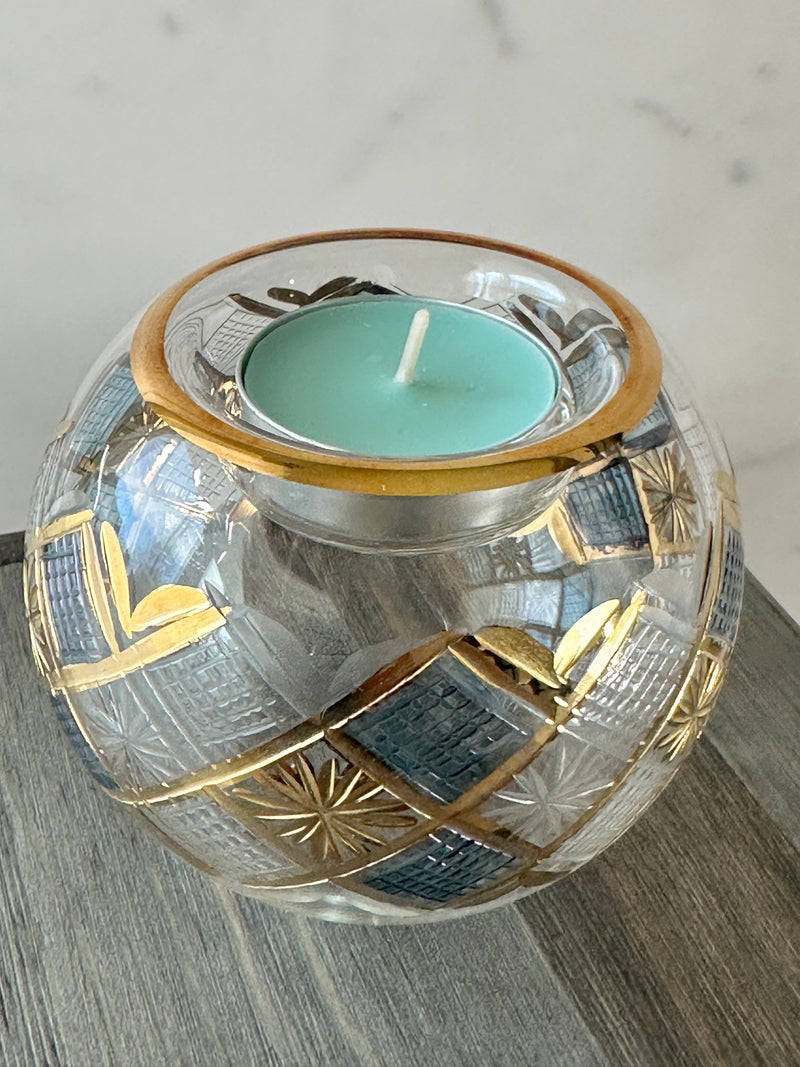 Egyptian Hand Blown Glass Tea Light Holder - Blue & Clear Glass