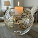 Decorative glass candle holder with gold leaf design on a table.