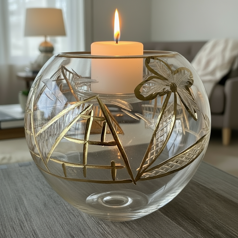 Decorative glass candle holder with gold leaf design on a table.