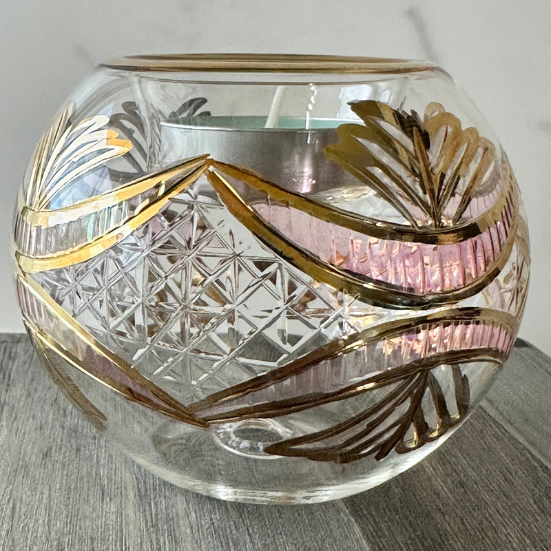 Egyptian Hand Blown Glass Tea Light Holder - Pink Etched Glass