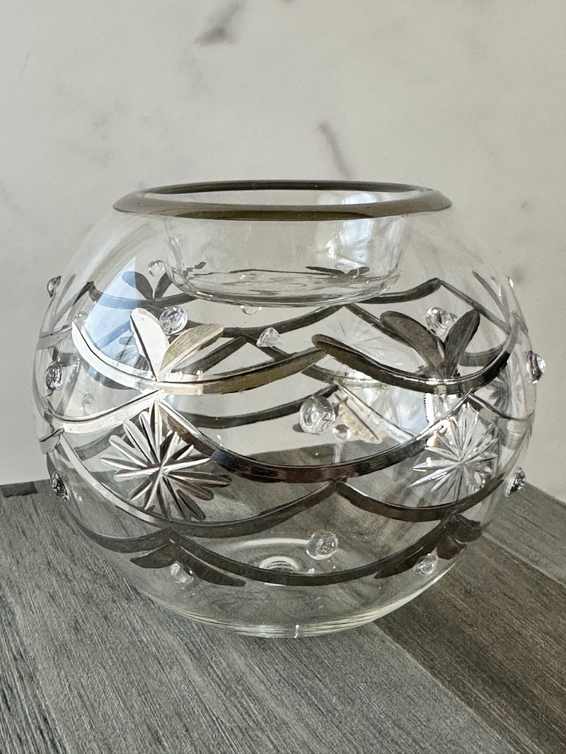 Egyptian Hand Blown Glass Tea Light Holder - Clear Glass-Silver Design