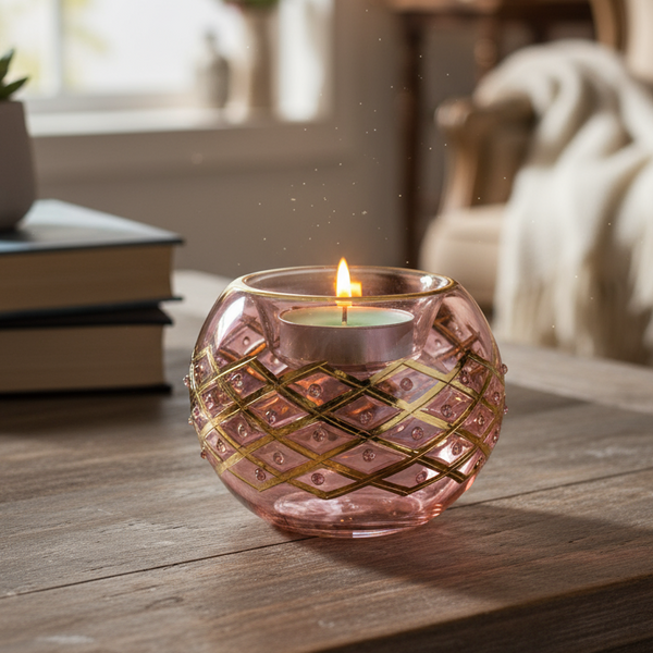 Pink glass candle holder with a lit candle on a wooden surface