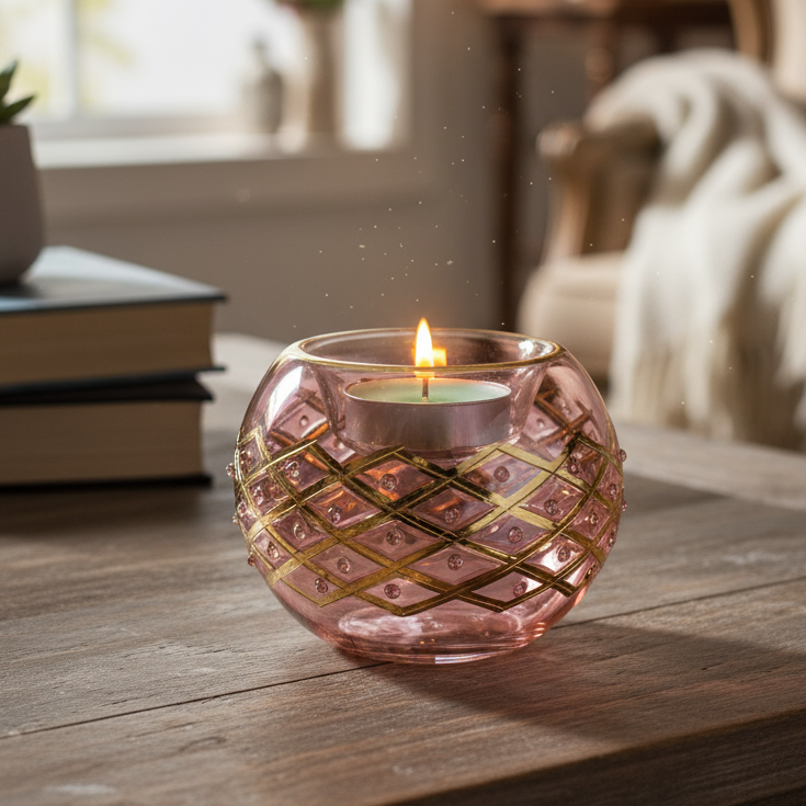 Pink glass candle holder with a lit candle on a wooden surface
