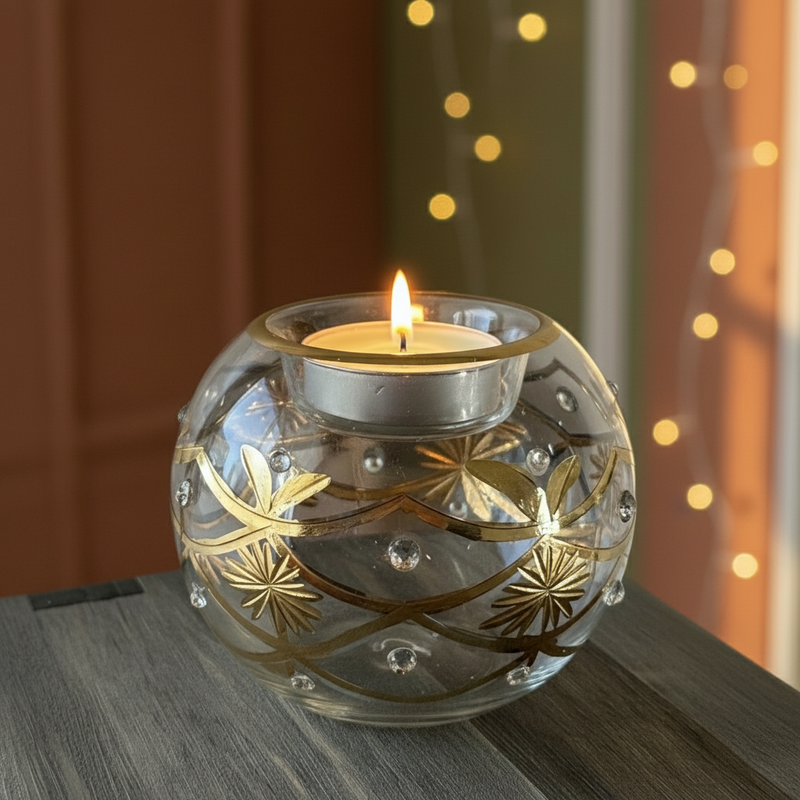 Egyptian Hand Blown Glass Tea Light Holder - Clear Glass Geometric Design