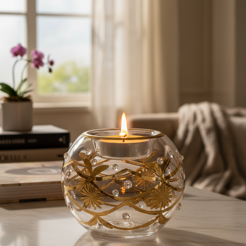 Egyptian Hand Blown Glass Tea Light Holder - Clear Glass Geometric Design