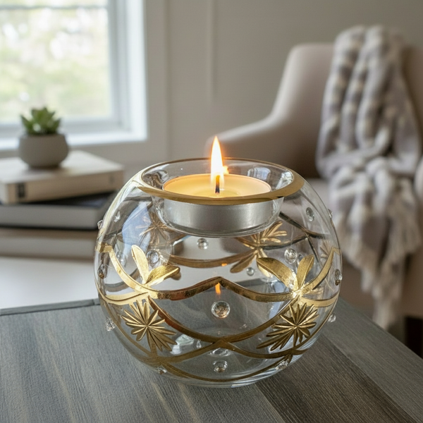 Decorative glass candle holder with a lit candle on a table in a home setting.