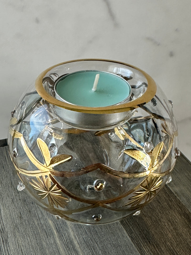 Egyptian Hand Blown Glass Tea Light Holder - Clear Glass Geometric Design
