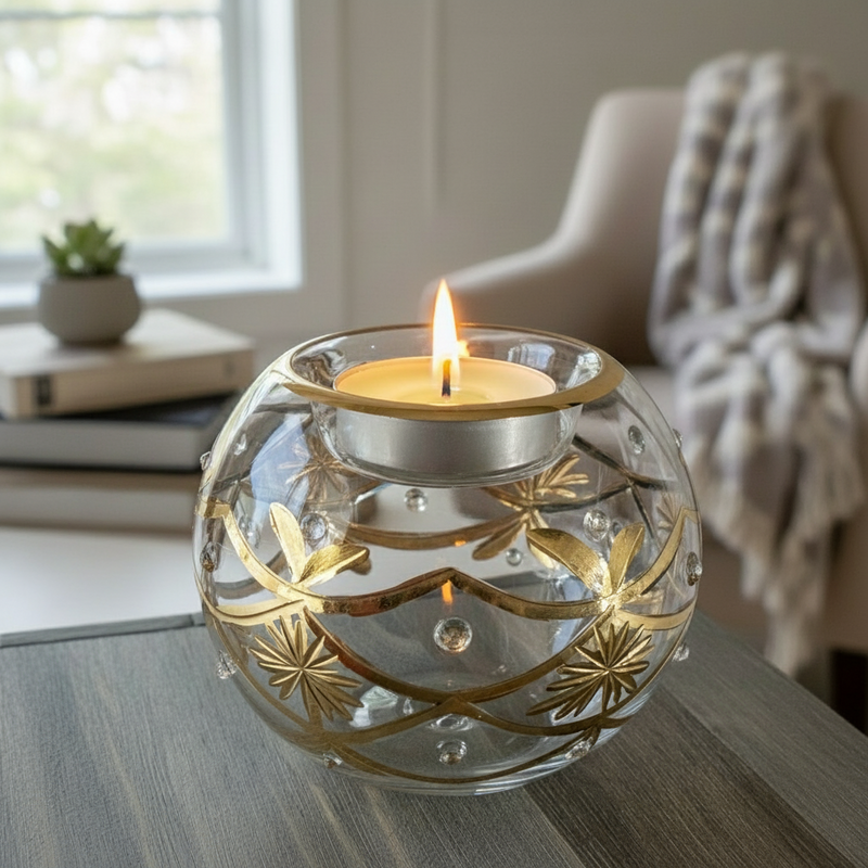Decorative glass candle holder with a lit candle on a table in a home setting.