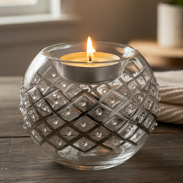 Glass candle holder with a lit candle on a wooden surface
