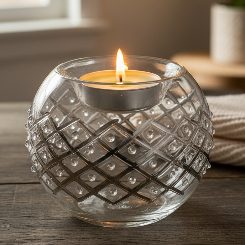 Glass candle holder with a lit candle on a wooden surface
