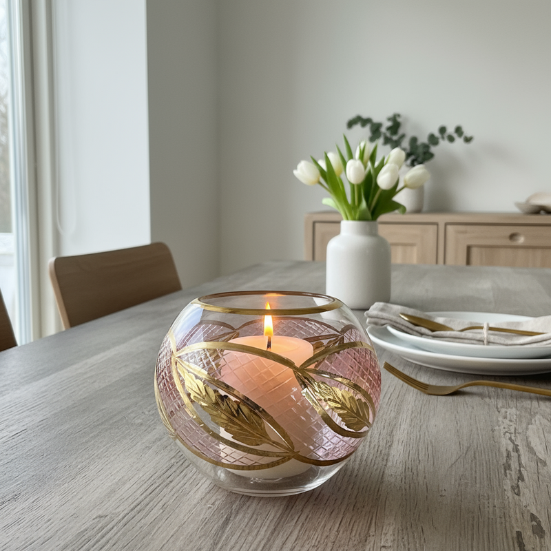 Egyptian Hand Blown Glass Tea Light Holder - Pink Glass-Gold Leave Design