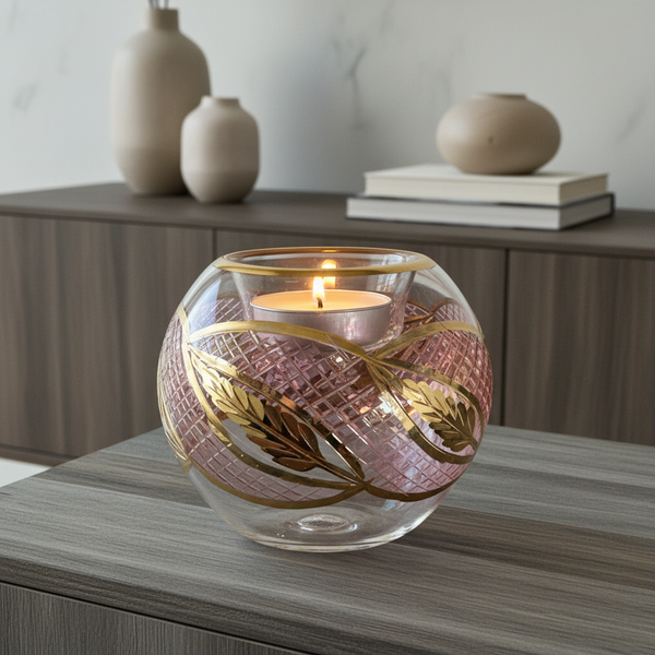 Decorative glass vase with a candle inside on a wooden surface, with vases and books in the background.