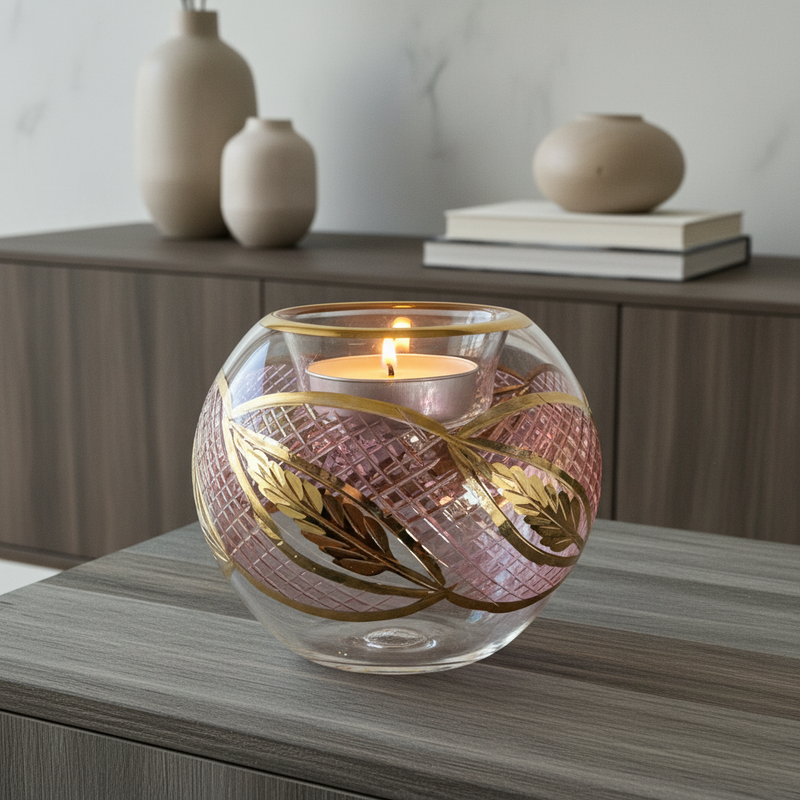 Decorative glass vase with a candle inside on a wooden surface, with vases and books in the background.
