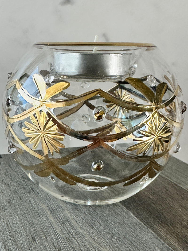 Egyptian Hand Blown Glass Tea Light Holder - Clear Glass Geometric Design