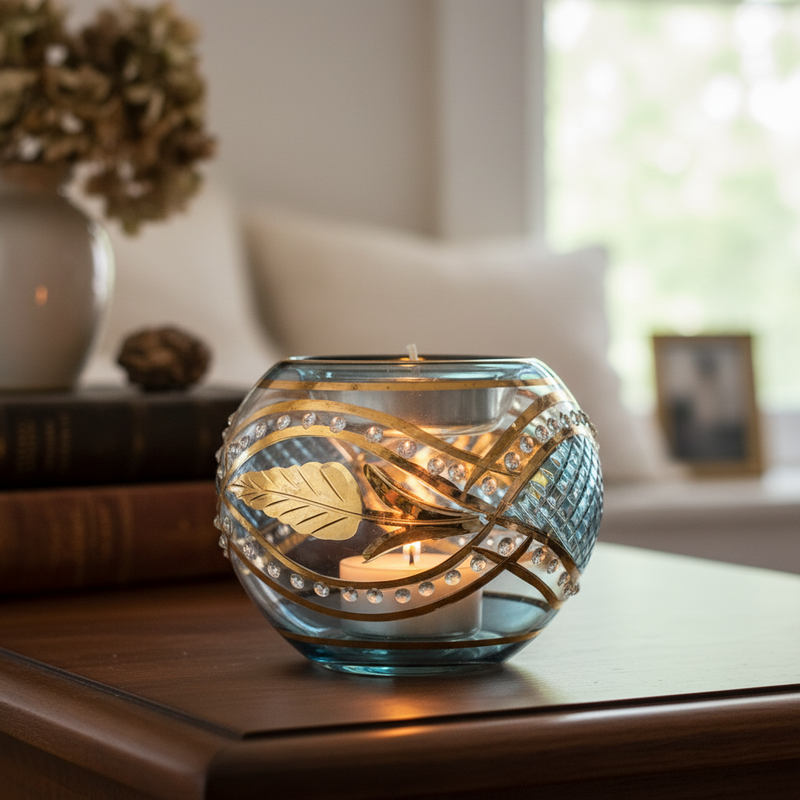 Egyptian Hand Blown Glass Tea Light Holder - Lite Blue