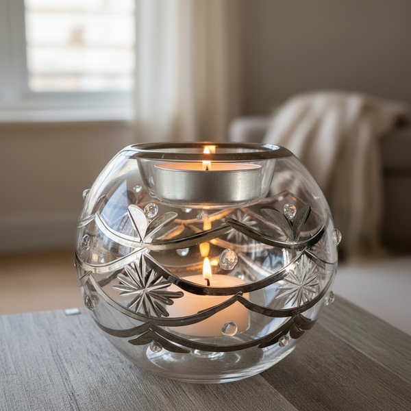 Decorative glass candle holder with a candle on a wooden surface.