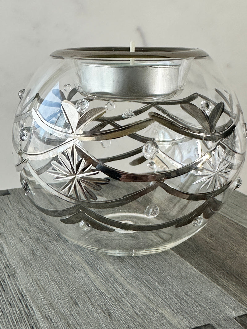 Egyptian Hand Blown Glass Tea Light Holder - Clear Glass-Silver Design