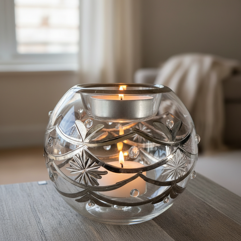 Decorative glass candle holder with a candle on a wooden surface.