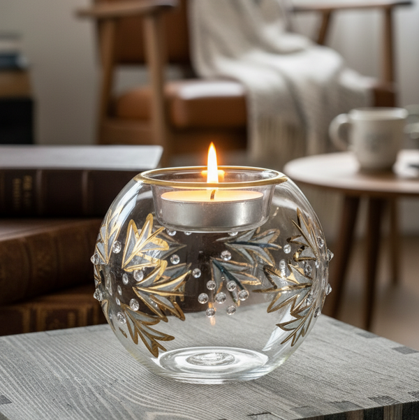 Decorative glass candle holder with a lit candle on a table in a cozy room.
