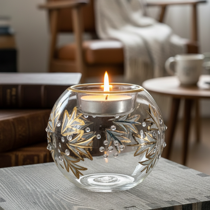 Decorative glass candle holder with a lit candle on a table in a cozy room.